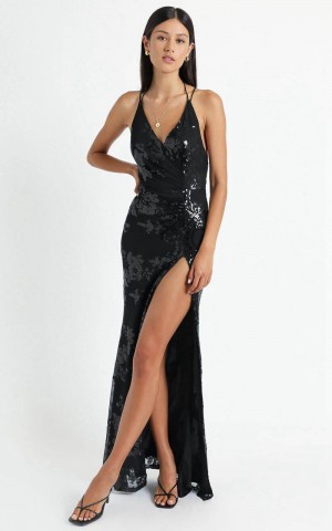 Showpo Out Till Dawn Maxi Dress - Thigh Split Dress Black Sequin | QGKWDP381