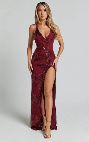 Showpo Out Till Dawn Maxi Dress - Thigh Split Dress Wine Sequin | ZTBGSH375