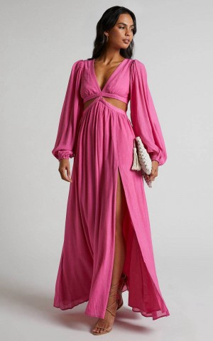 Showpo Paige Maxi Dress - Side Cut Out Balloon Sleeve Dress Pink | ABJWPY396