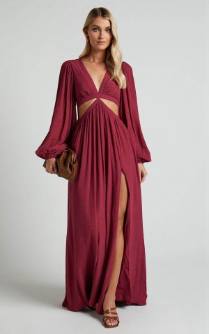 Showpo Paige Maxi Dress - Side Cut Out Balloon Sleeve Dress Mulberry | JMTELZ958