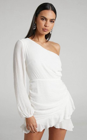 Showpo Paige Mini Dress - One Shoulder Frill Hem Wrap Skirt Dress White | VMDFEA932