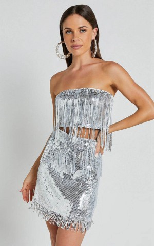 Showpo Paris Top - Sequin Fringe Bandeau Top Silver | ZKNALY561