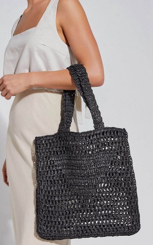 Showpo Paros Crochet Tote Bag Black | JRAPBK598