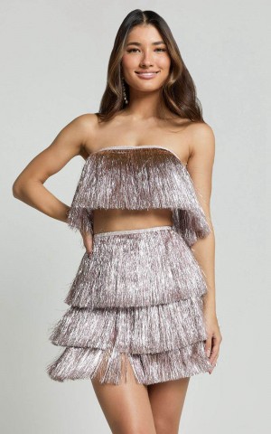 Showpo Peggy Two Piece Set - Fringe Strapless Top And Mini Skirt Set Pink | OIBJUP610