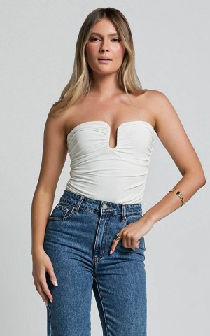 Showpo Petra Top - Gathered Cut Out Jersey Top Off White | SQFWYG275