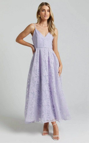 Showpo Philine Midi Dress - Jacquard Plunge Fit And Flare Dress Lilac | ZKUFJS258