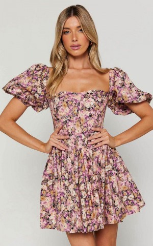 Showpo Phorchia Mini Dress - Fit And Flare Puff Sleeve Corset Dress Noir Fleur Print | KLZDER918