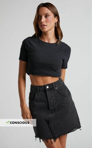 Showpo Pieta Mini Skirt - Recycled Cotton Raw Hem Denim Skirt Washed Black | XBILNU105