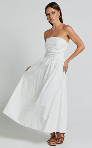 Showpo Polly Midi Dress - Strapless Ruched Dress White | RJAZYW316