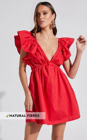 Showpo Raiza Mini Dress - Ruffle Sleeve Tie Back Plunge Dress Red | NHRDGI701