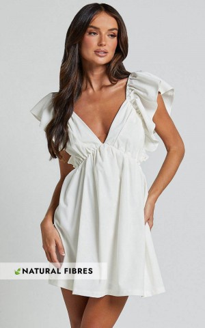 Showpo Raiza Mini Dress - Ruffle Sleeve Tie Back Plunge Dress Off White | LJMQEF071