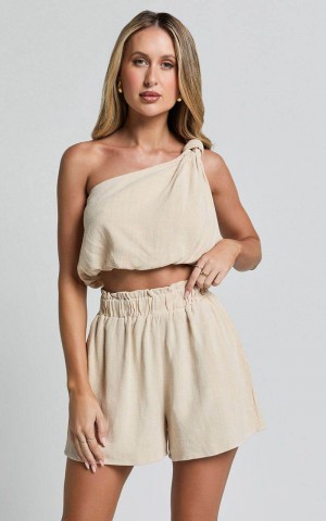 Showpo Raylene Two Piece Set - Linen Look Knotted One Shoulder Top And Paper Bag Waist Shorts Natural | JYBSZR623