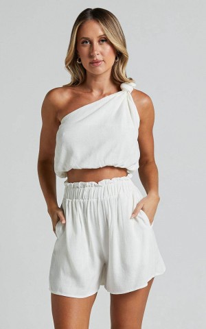 Showpo Raylene Two Piece Set - Linen Look Knotted One Shoulder Top And Paper Bag Waist Shorts White | YHMXDA751