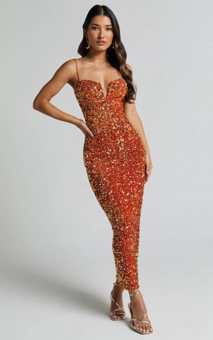 Showpo Rayner Midi Dress - V Bar Sequin Bodycon Dress Copper | NHDFBI927