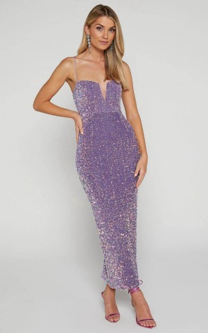 Showpo Rayner Midi Dress - V Bar Sequin Bodycon Dress Lilac | UAYDCH048