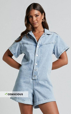 Showpo Reid Playsuit - Button Through Denim Playsuit Light Blue Wash | EJYIKO432