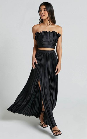 Showpo Reign Two Piece Set - Ruffle Crop Top And Thigh Split Midi Skirt Black | EQXRJH198