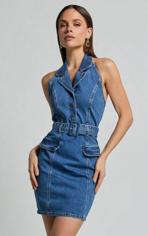 Showpo Remi Mini Dress - Halter Belt Denim Dress Dark Blue Wash | AJKCVX685