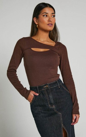 Showpo Remi Top - Long Sleeve Asymmetric Cut Out Top Brown | KJWOHN943