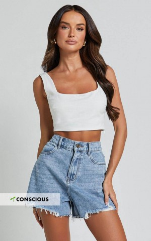 Showpo Renee Shorts - High Waisted Frayed Hem Denim Shorts Light Blue Wash | OPRWAH786