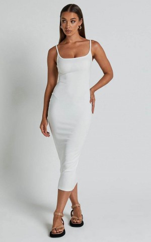 Showpo Reyneth Midi Dress - Low Back Bodycon Rib Dress Off White | HQCJTD328