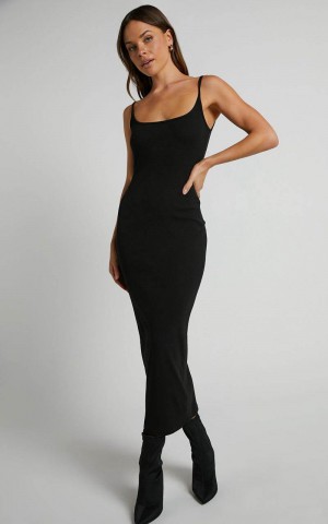 Showpo Reyneth Midi Dress - Low Back Bodycon Rib Dress Black | LHOFTD549