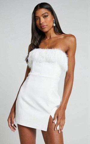 Showpo Rhaiza Mini Dress - Faux Feather Trim Strapless Dress White | LSARGJ839