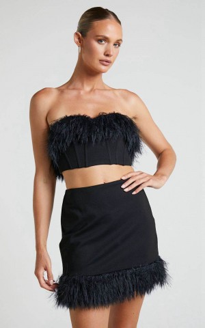 Showpo Rhaiza Top - Faux Feather Trim Strapless Sweetheart Crop Top Black | KHRWPV925