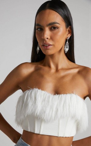 Showpo Rhaiza Top - Faux Feather Trim Strapless Sweetheart Crop Top White | CEIFNX281