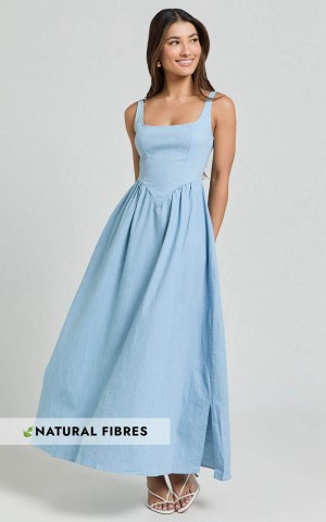 Showpo Rhaziya Midi Dress - Sleeveless Straight Neck Fit And Flare Dress Blue | UYRHQW780