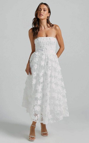 Showpo Rheiva Midi Dress - Strapless 3d Embroidery Midi Dress White | ROVXDI537