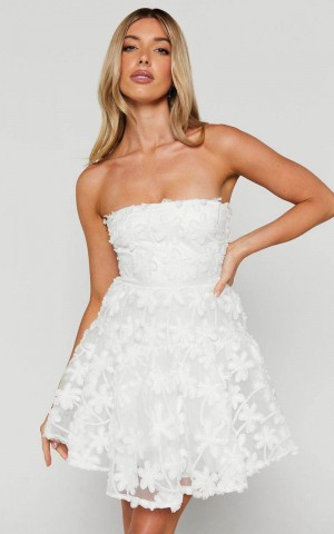 Showpo Rheiva Mini Dress - Strapless 3d Embroidery Dress White | NUGKIB503