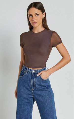 Showpo Rhianna Top - Short Sleeve Mesh Crop Top Brown | PYSCGF290