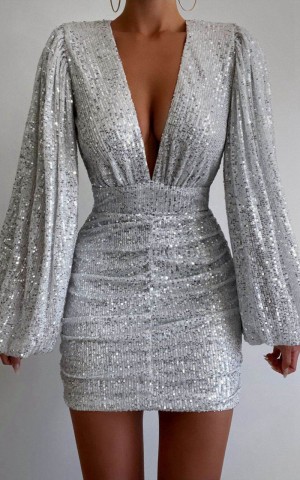 Showpo Rhylee Mini Dress - Long Sleeve Ruched Dress Silver Sequin | QVJHRN693