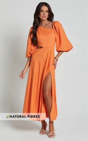 Showpo Rhyne Midi Dress - Asymmetric Puff Sleeve Side Cut Out A Line Dress Papaya | TSYBNG847