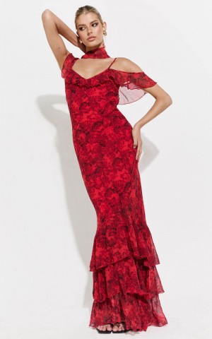 Showpo Riley Maxi Dress - Asymmetric Ruffle Detail Maxi Dress Red Rose Print | YPOGXL620