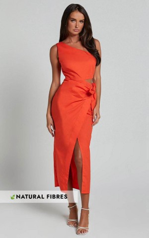 Showpo Rina Midi Dress - One Shoulder Side Cut Out Wrap Dress Orange | WNZLCJ503