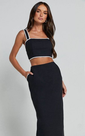 Showpo Rita Two Piece Set - Linen Look Contrast Crop Top And Pencil Midi Skirt Set Black | SULOPR829