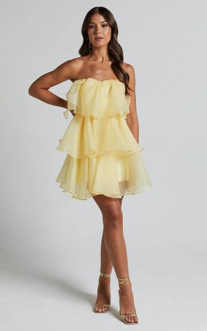 Showpo Ritta Mini Dress - Strapless Layered Dress Yellow | DMSYBL840