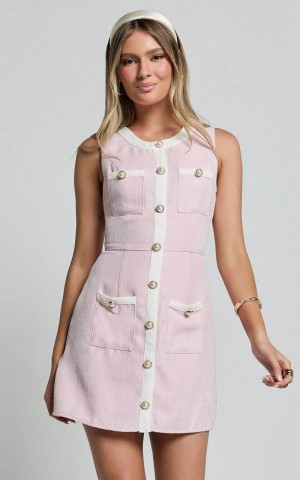 Showpo River Mini Dress - Boucle Button Through A Line Dress Light Pink | ESLHGK290