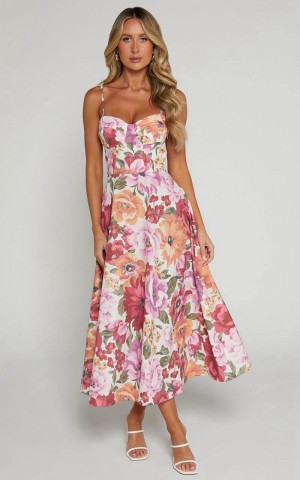 Showpo Robertson Midi Dress - Strappy Sweetheart Bustier Flare Dress Spring Floral | EGBFZC789