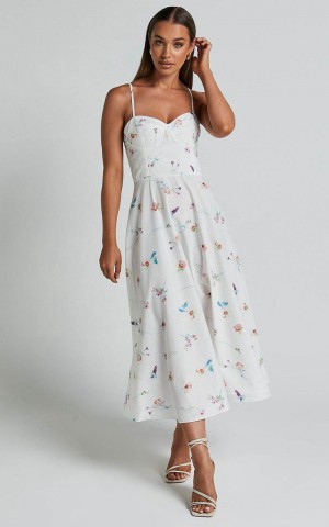 Showpo Robertson Midi Dress - Strappy Sweetheart Bustier Flare Dress Painterly Wild Flower | GZODAM652