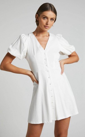 Showpo Rochelle Mini Dress - V Neck Button Through Dress White | XRYENI769