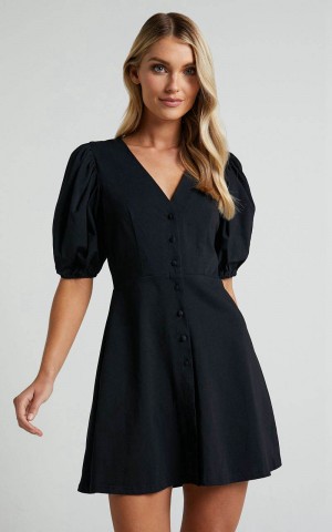 Showpo Rochelle Mini Dress - V Neck Button Through Dress Black | AWRQOC726