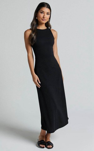 Showpo Rodolphe Midi Dress - Crew Neck Ribbed Sleeveless Black | ORHMDB918