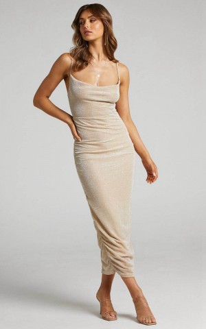 Showpo Roma Midi Dress - Ruched Cowl Neck Dress Gold Lurex | KNSVYX271