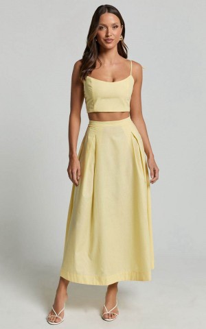 Showpo Rosalee Two Piece Set - Strappy Crop Top And High Waisted A Line Midi Skirt Set Yellow | MLKASX041