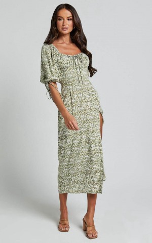 Showpo Rosario Midi Dress - Ruched Bust Puff Sleeve Dress Olive Floral | BEUHVX621