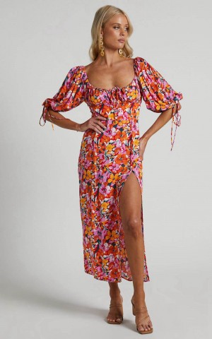 Showpo Rosario Midi Dress - Ruched Bust Puff Sleeve Dress Spring Floral | NREICJ109