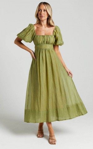 Showpo Roshina Midi Dress - Straight Neck Puff Sleeve Dress Olive | JTVMLD674